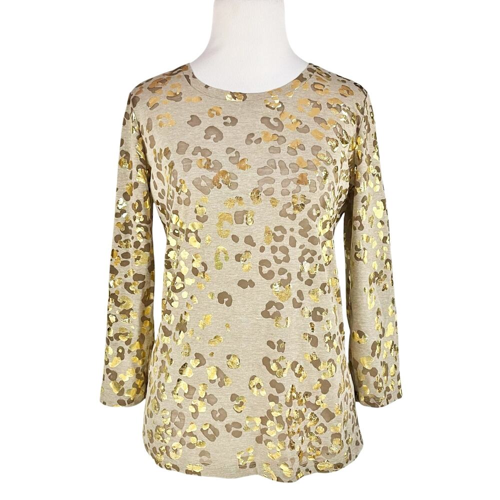 CALVIN KLEIN NWT Metallic Gold Foil Leopard Print 3/4-Sleeve Top Size XS